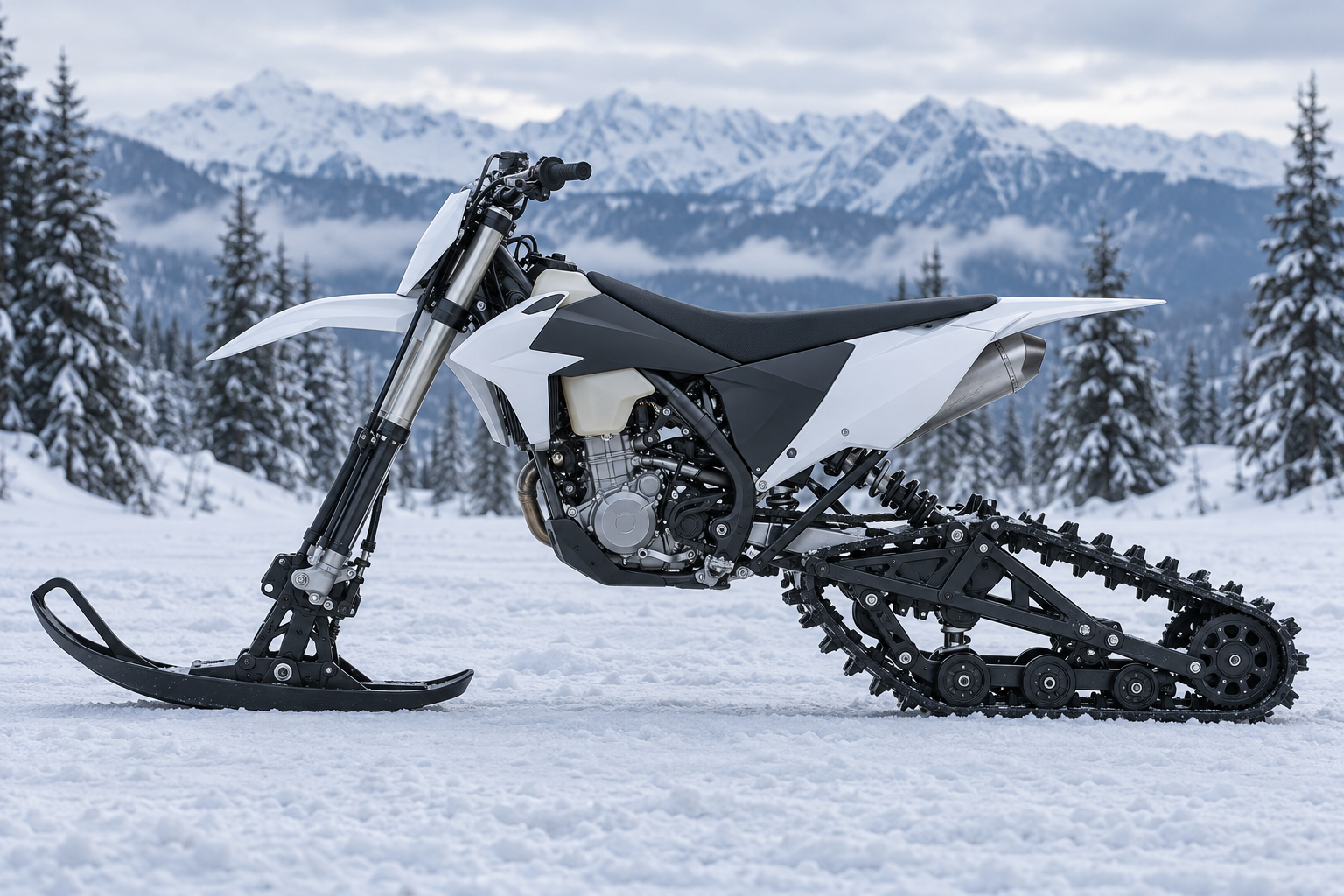 Эндуро после установки Snowbike-комплекта: передняя лыжа и задний гусеничный модуль