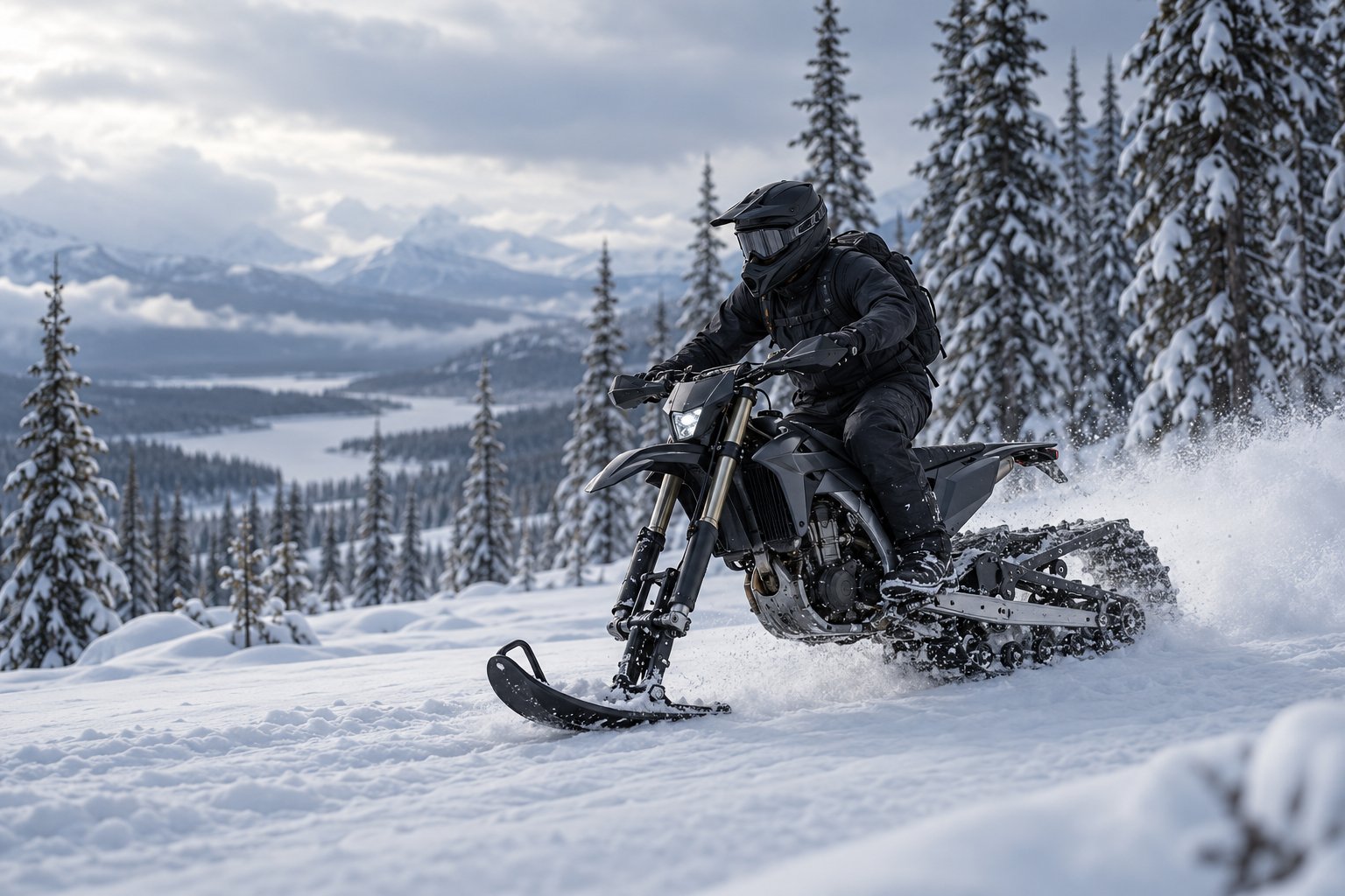 Эндуро со Snowbike-комплектом движется по зимнему лесу