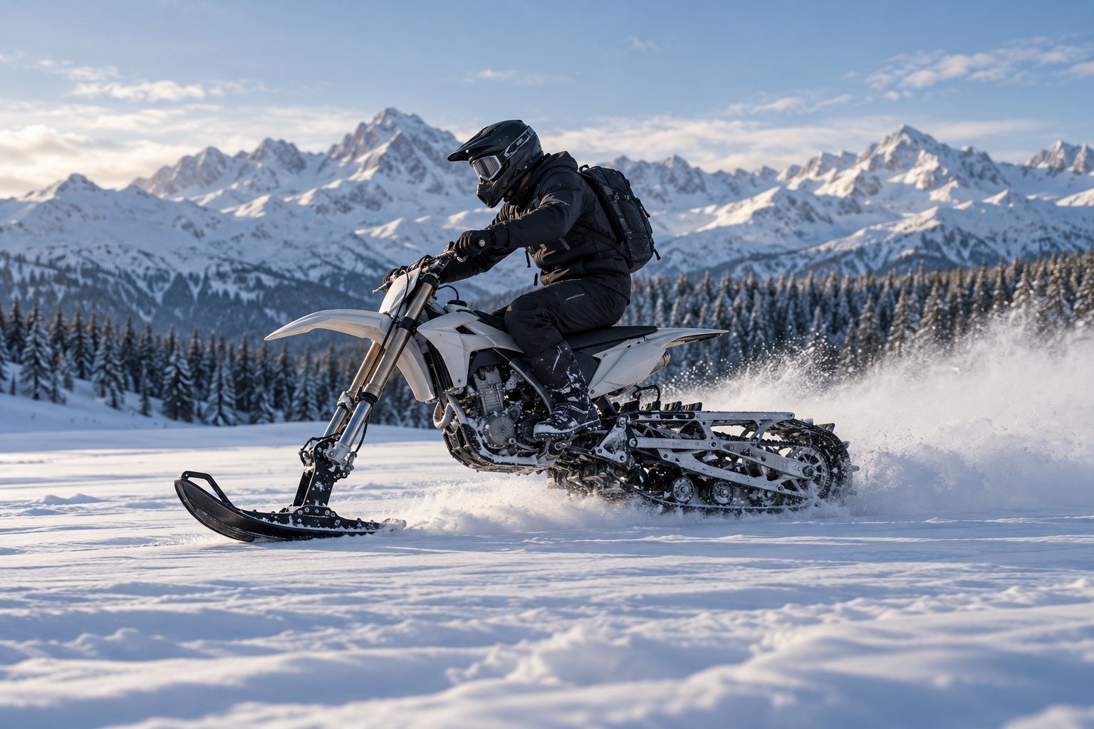 Snowbike с передней лыжей и задней гусеницей на снежном поле